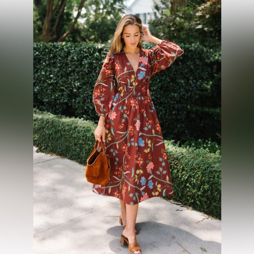 Cara Cara Burgundy‎ Floral Smocked V-Neck Balloon Sleeve Midi Dress Size M
